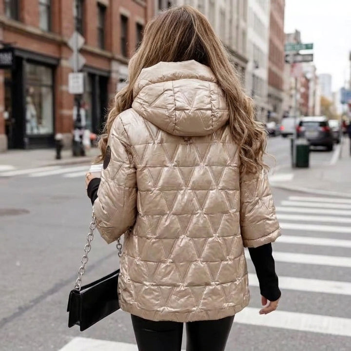 Shiny Puffer Jacket Womens Hooded Glossy Quilted Stand Collar Zip Front