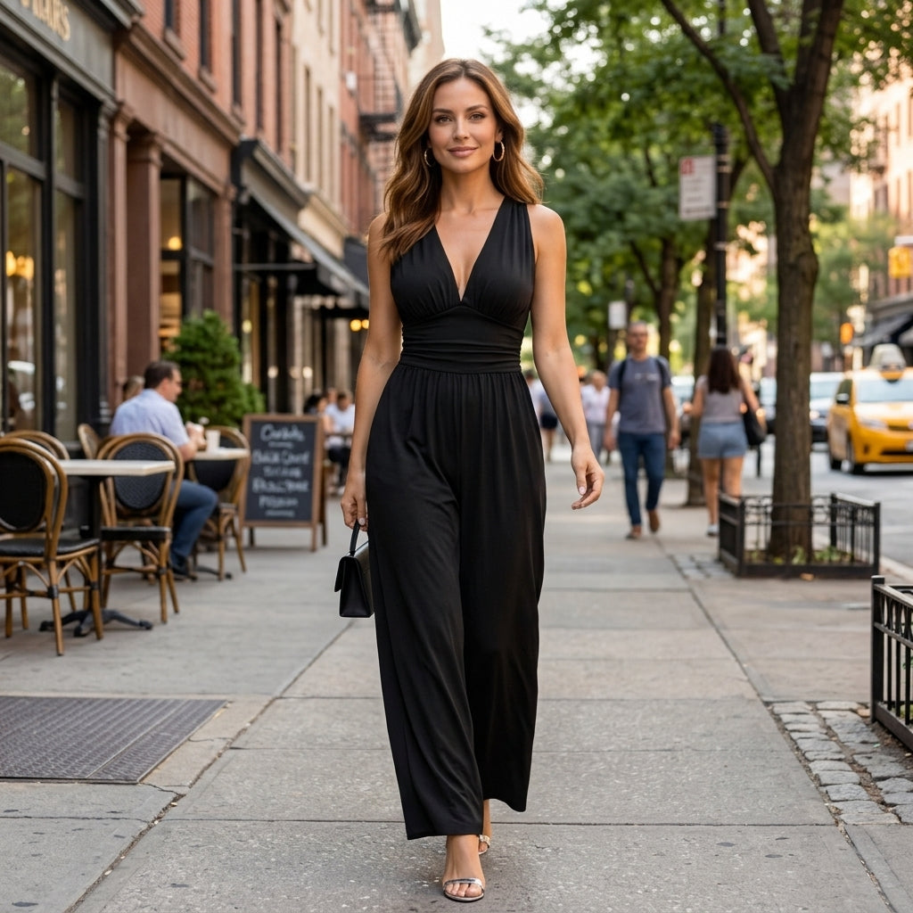 Jumpsuit Womens Sleeveless V-Neck Wide Leg