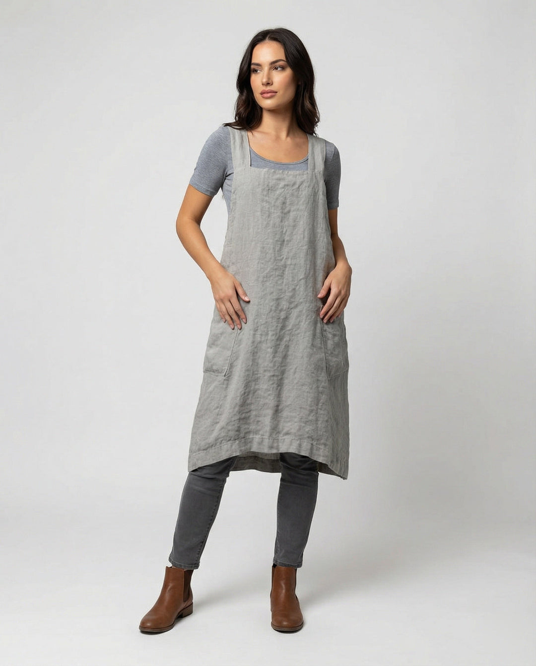 Linen Pinafore Dress Womens Apron Style Deep Pockets Square Neck - image 1