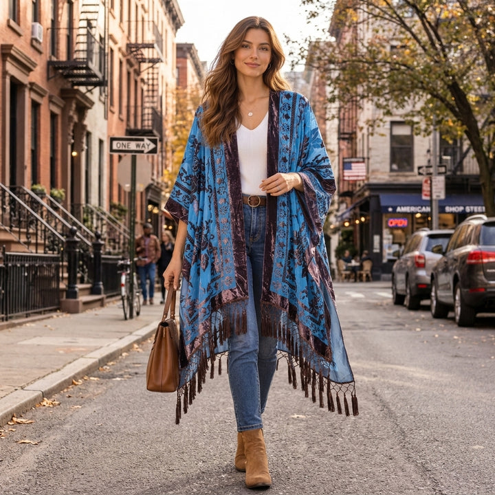 Kimono Womens Longline Velvet Effect Floral Open Front Tassel Fringe Boho Cover Up