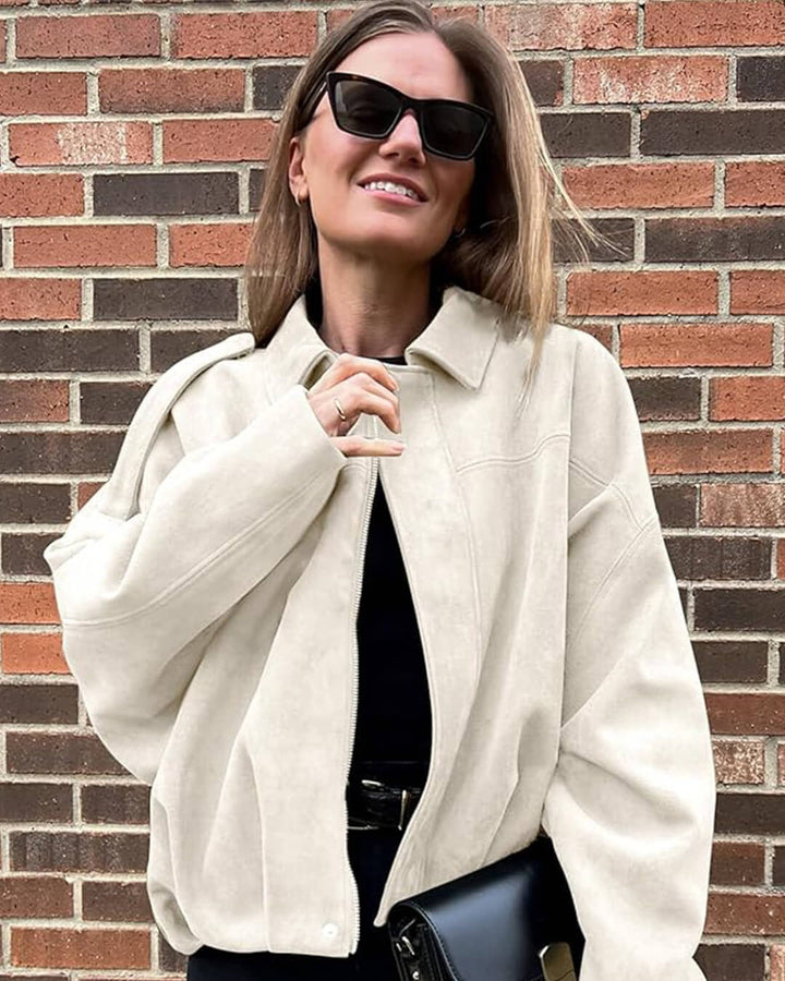 Bomber Jacket Womens Faux Suede Structured Collar Matte Finish