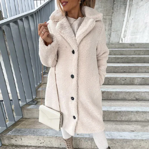 Teddy Coat Womens Notched Collar Button Front Textured Fleece