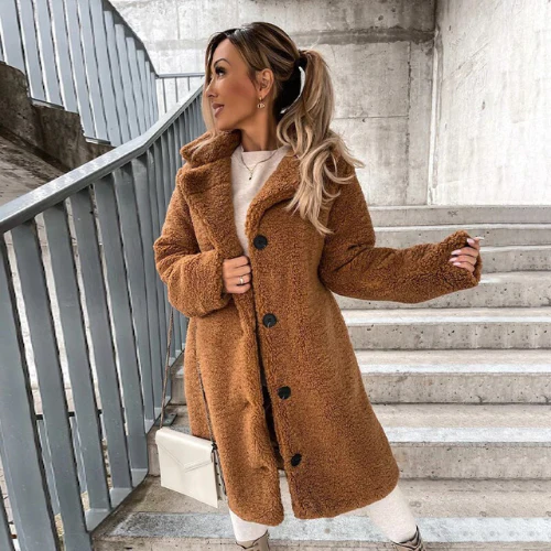 Teddy Coat Womens Notched Collar Button Front Textured Fleece