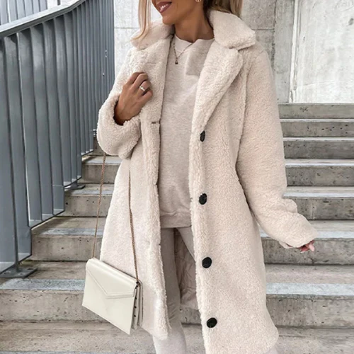 Teddy Coat Womens Notched Collar Button Front Textured Fleece