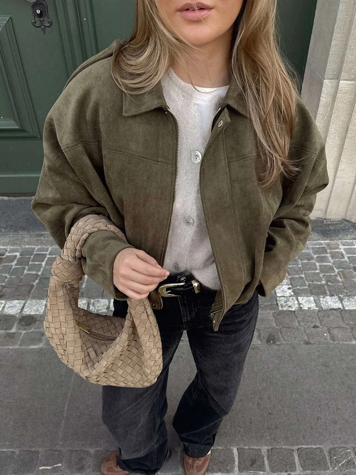 Bomber Jacket Womens Faux Suede Structured Collar Matte Finish