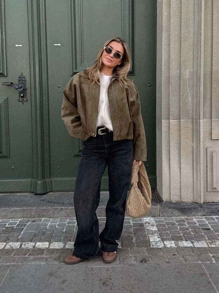 Bomber Jacket Womens Faux Suede Structured Collar Matte Finish