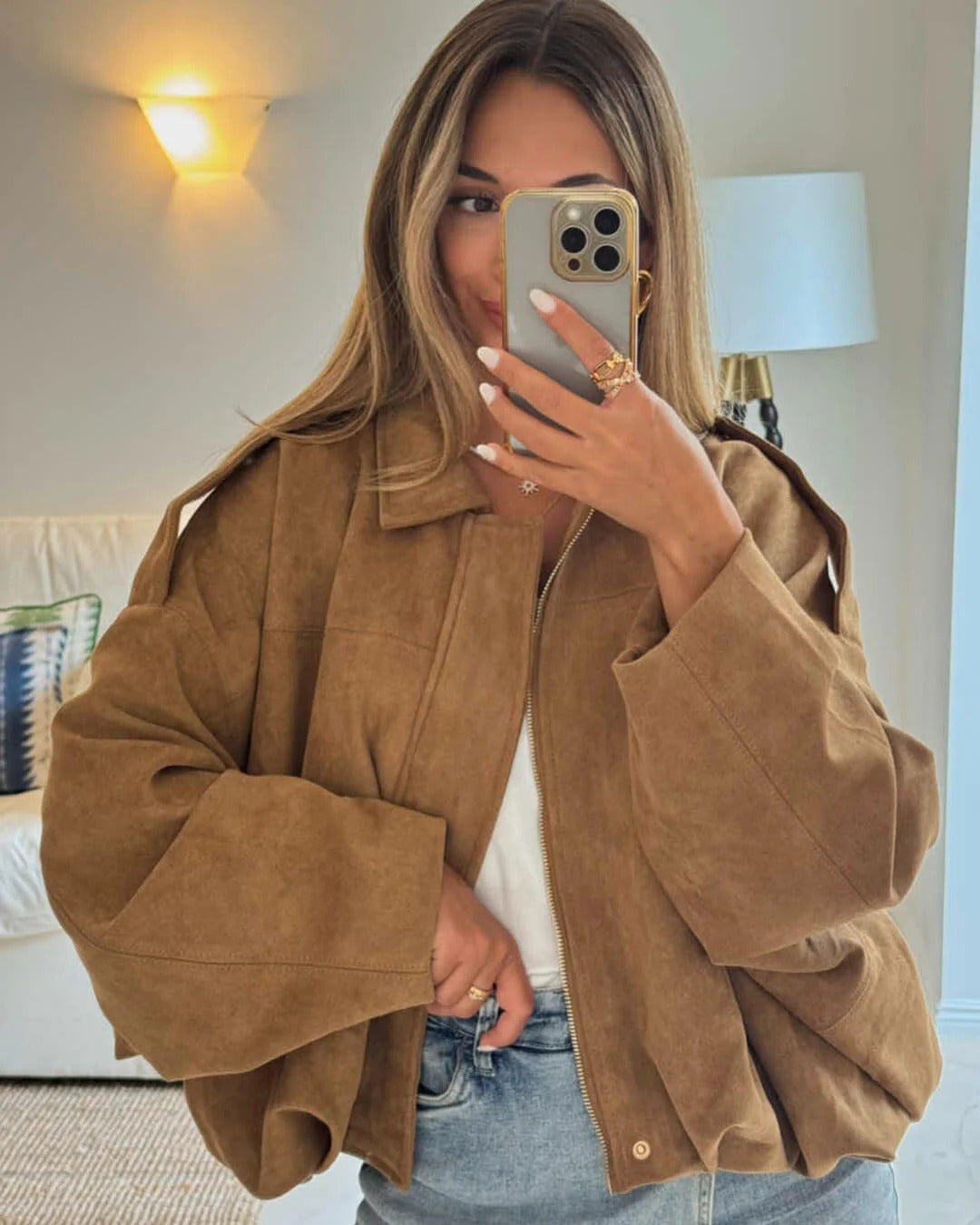 Bomber Jacket Womens Faux Suede Structured Collar Matte Finish