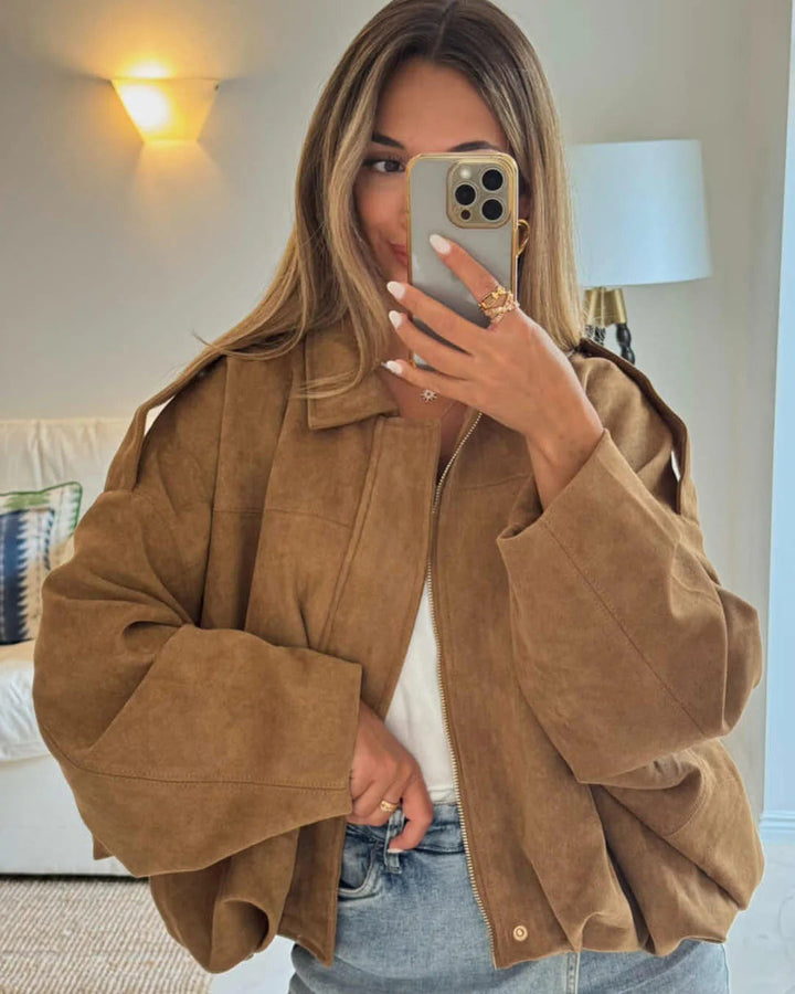 Bomber Jacket Womens Faux Suede Structured Collar Matte Finish