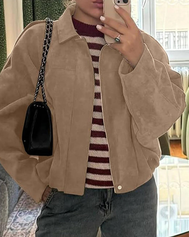 Bomber Jacket Womens Faux Suede Structured Collar Matte Finish