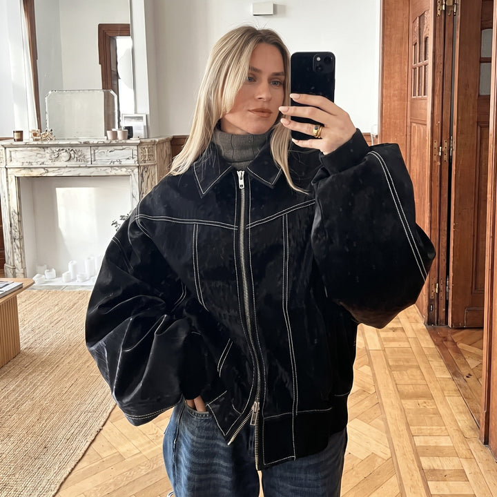 Jacket Womens Oversized Contrast Stitch Structured Collar Dropped Shoulder Boxy - image 1