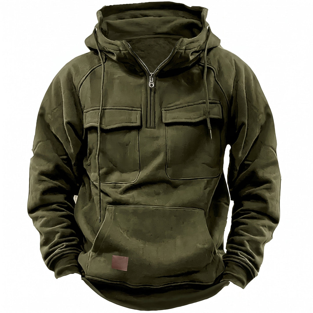 Half Zip Hoodie Mens Funnel Neck Utility Flap Chest Pockets Drawstring Relaxed Fit - image 4