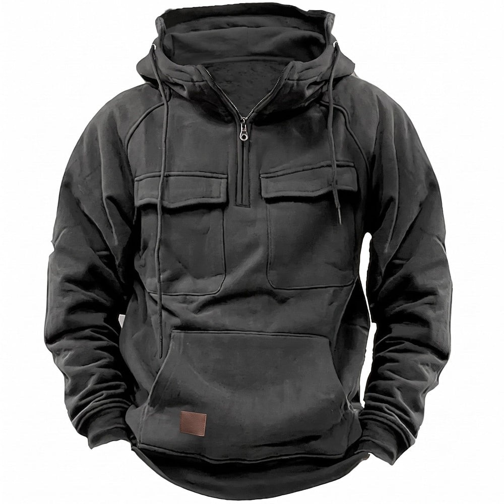 Half Zip Hoodie Mens Funnel Neck Utility Flap Chest Pockets Drawstring Relaxed Fit - image 2