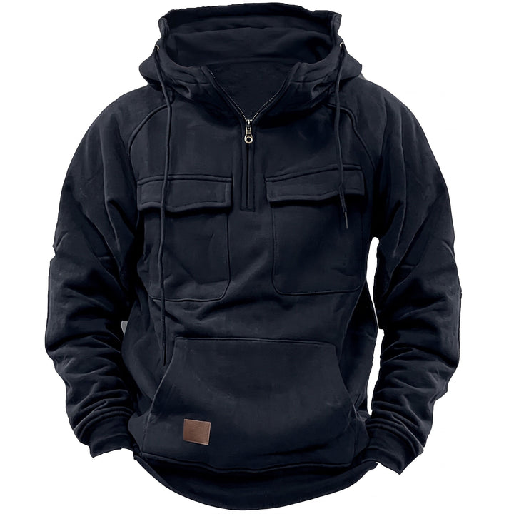 Half Zip Hoodie Mens Funnel Neck Utility Flap Chest Pockets Drawstring Relaxed Fit - image 1