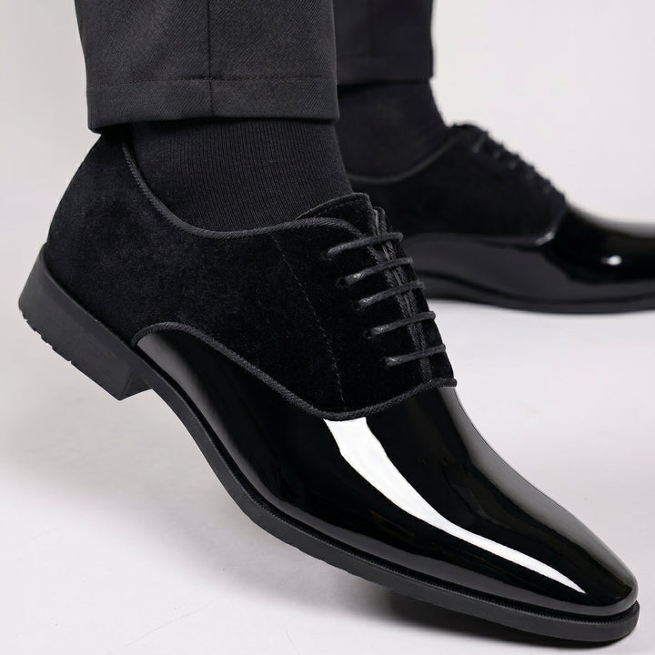 Patent Look Dress Shoes Mens Velvet Effect Quarters Lace Up Formal Wedding Tuxedo - image 3