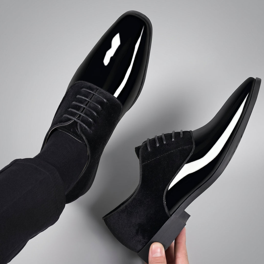 Patent Look Dress Shoes Mens Velvet Effect Quarters Lace Up Formal Wedding Tuxedo - image 4