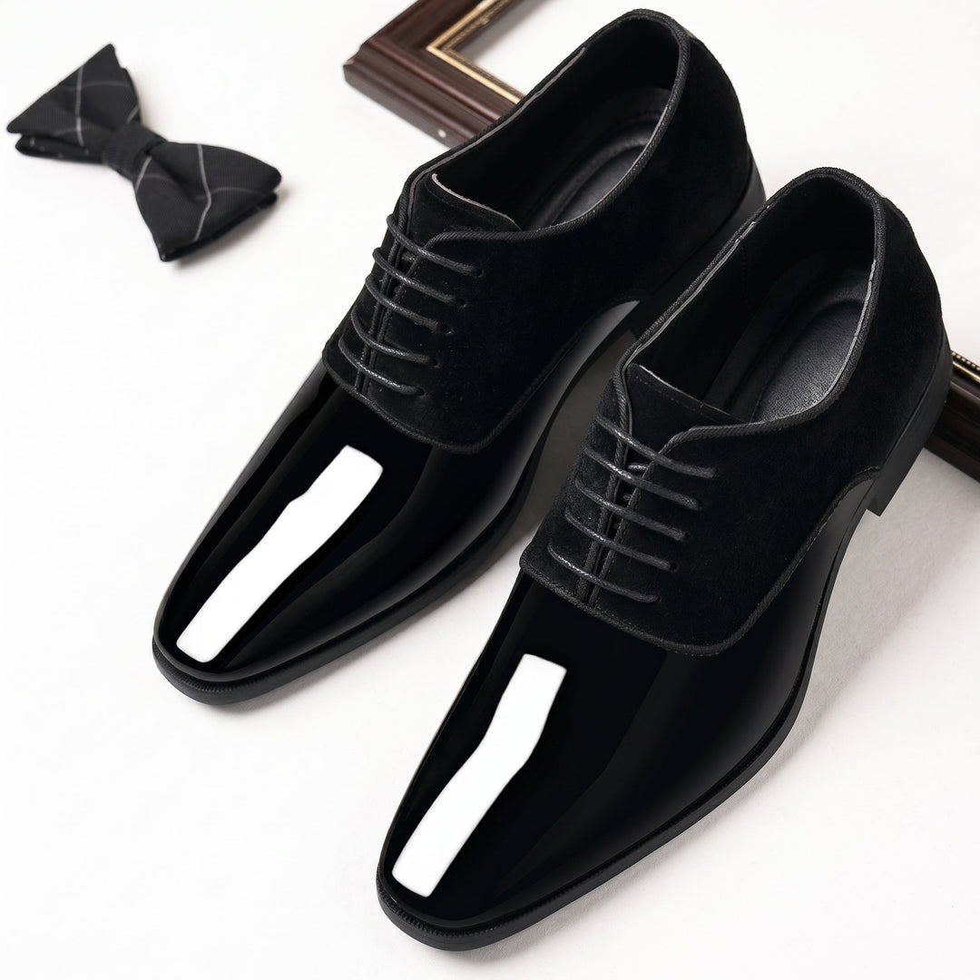 Patent Look Dress Shoes Mens Velvet Effect Quarters Lace Up Formal Wedding Tuxedo - image 1
