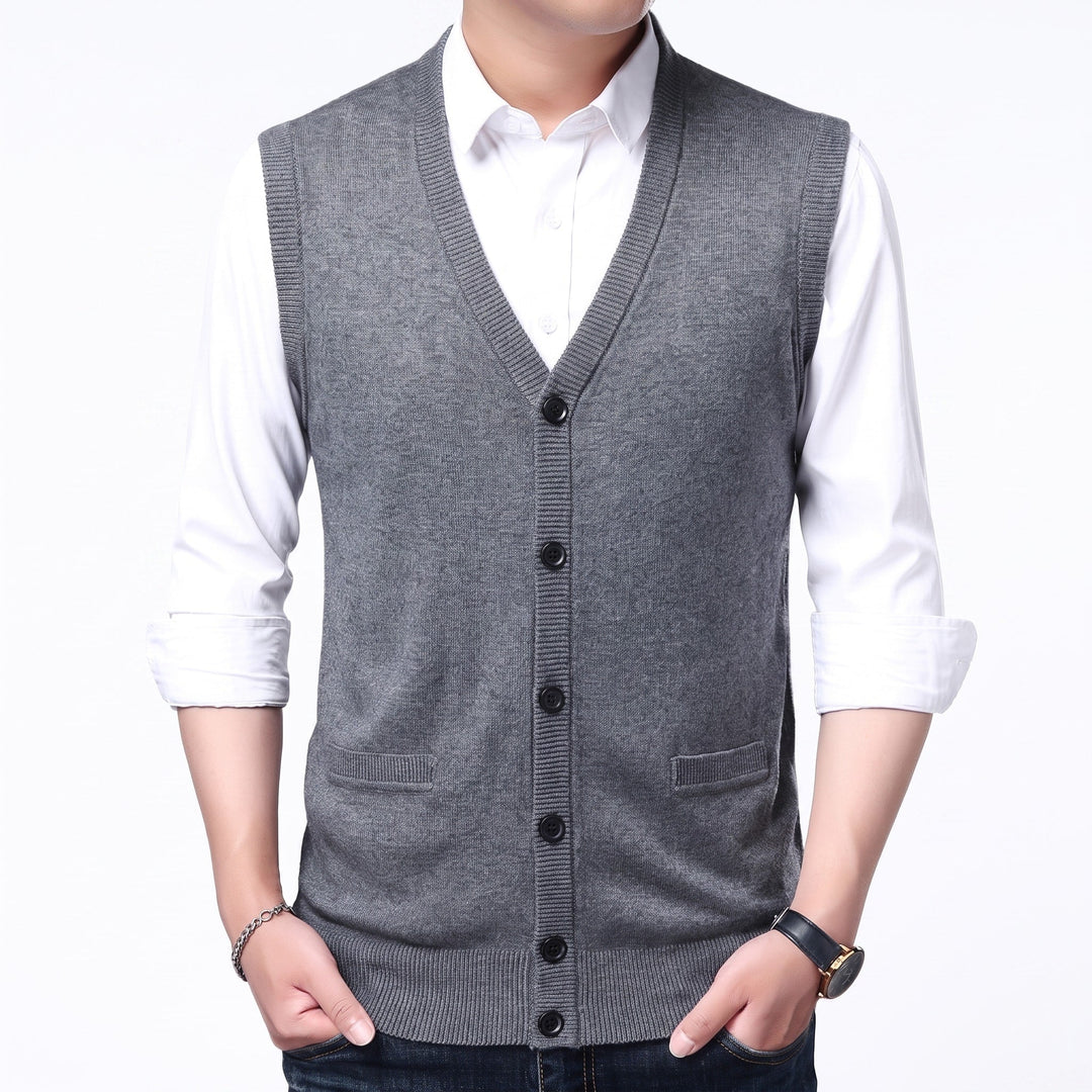 Knitted Waistcoat Mens V Neck Button Front Sleeveless Pockets Ribbed Trim Regular Fit - image 4