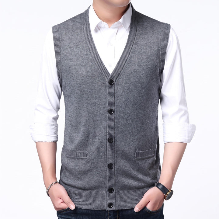 Knitted Waistcoat Mens V Neck Button Front Sleeveless Pockets Ribbed Trim Regular Fit - image 4