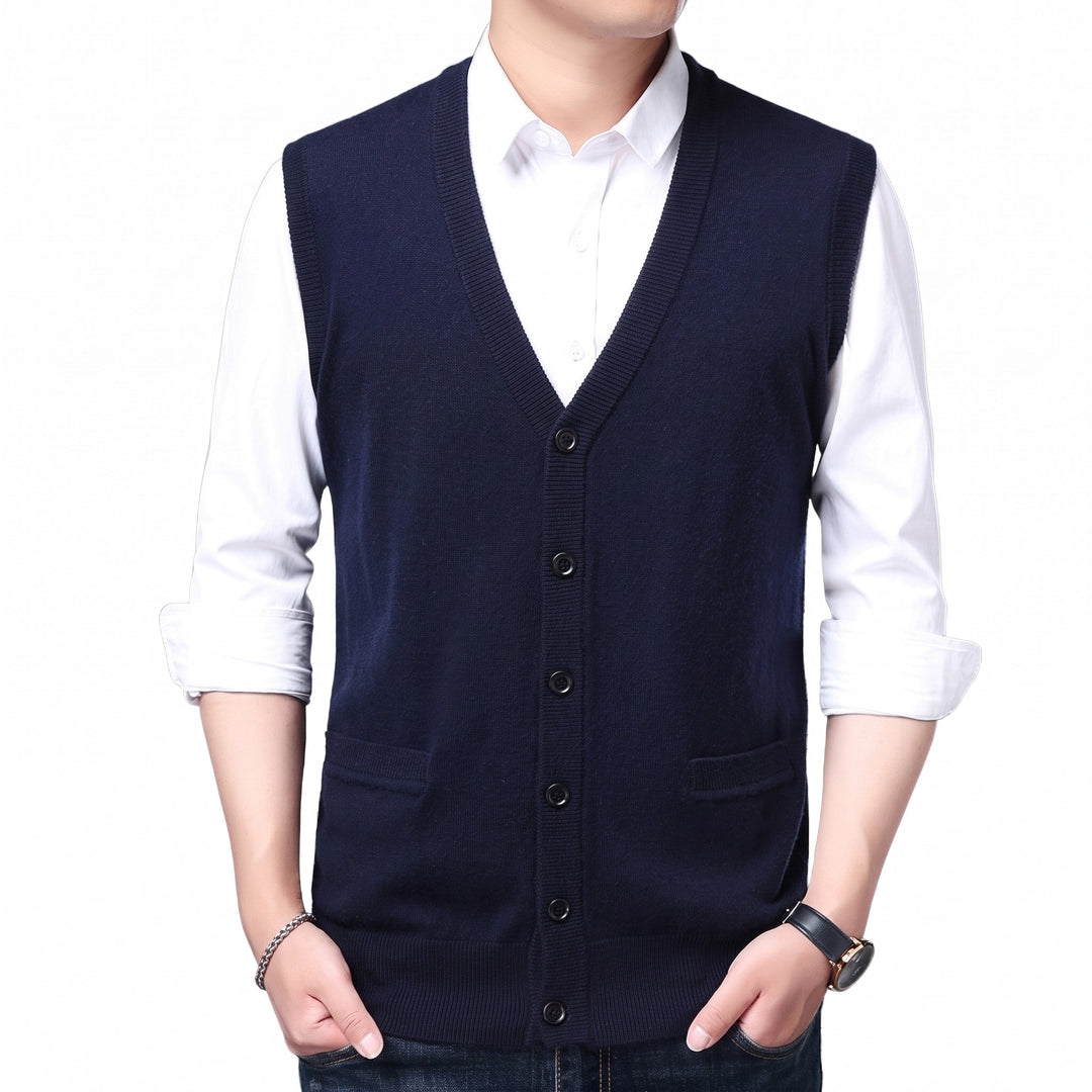 Knitted Waistcoat Mens V Neck Button Front Sleeveless Pockets Ribbed Trim Regular Fit - image 1