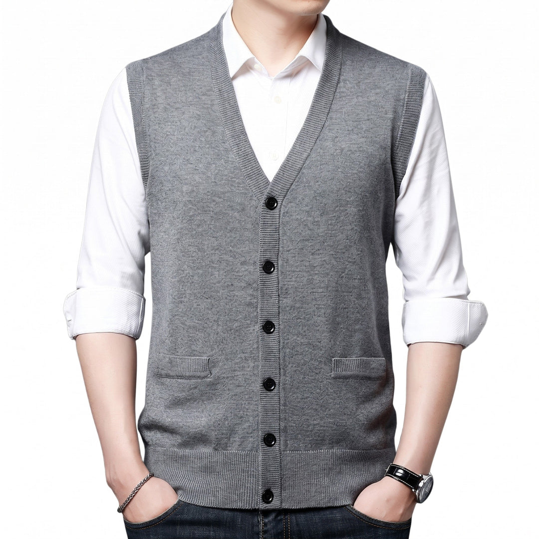 Knitted Waistcoat Mens V Neck Button Front Sleeveless Pockets Ribbed Trim Regular Fit - image 3