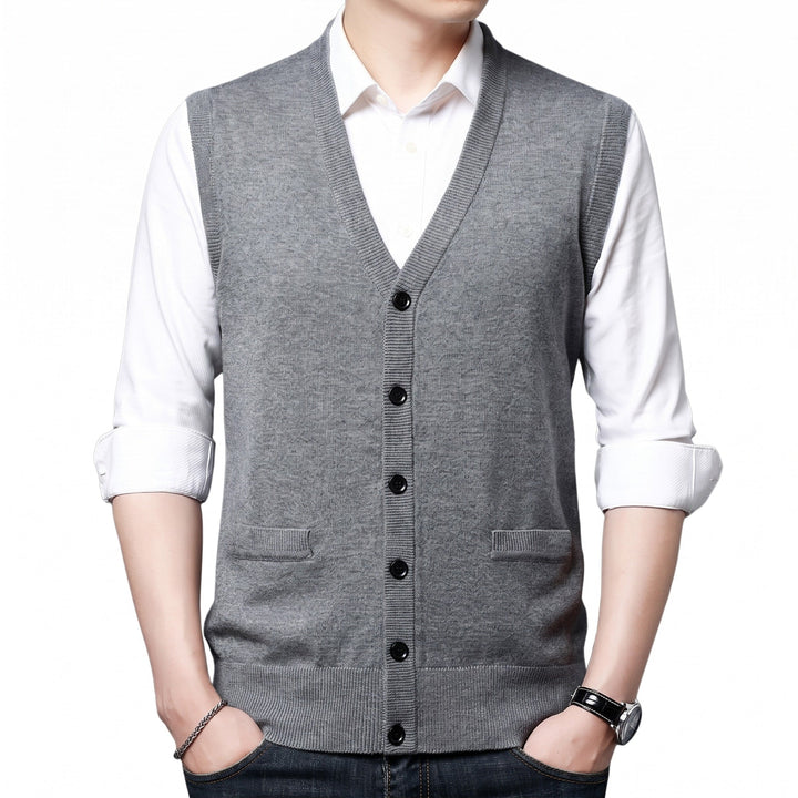 Knitted Waistcoat Mens V Neck Button Front Sleeveless Pockets Ribbed Trim Regular Fit - image 3