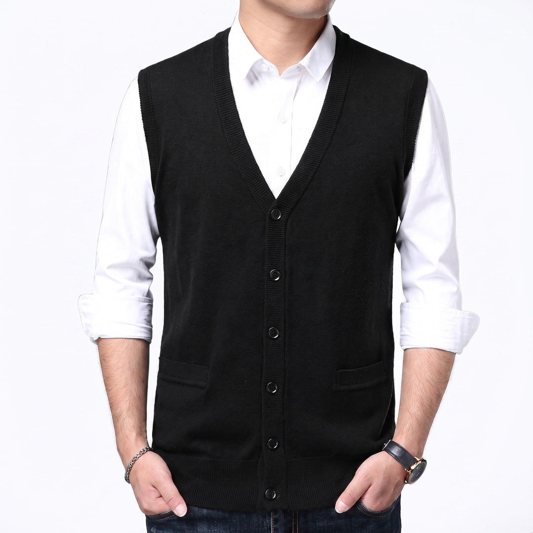 Knitted Waistcoat Mens V Neck Button Front Sleeveless Pockets Ribbed Trim Regular Fit - image 6