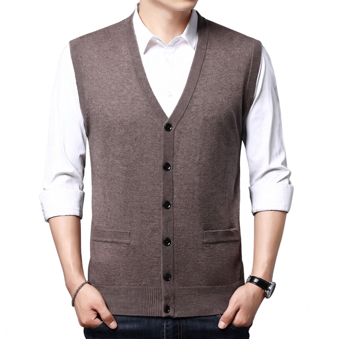 Knitted Waistcoat Mens V Neck Button Front Sleeveless Pockets Ribbed Trim Regular Fit - image 5