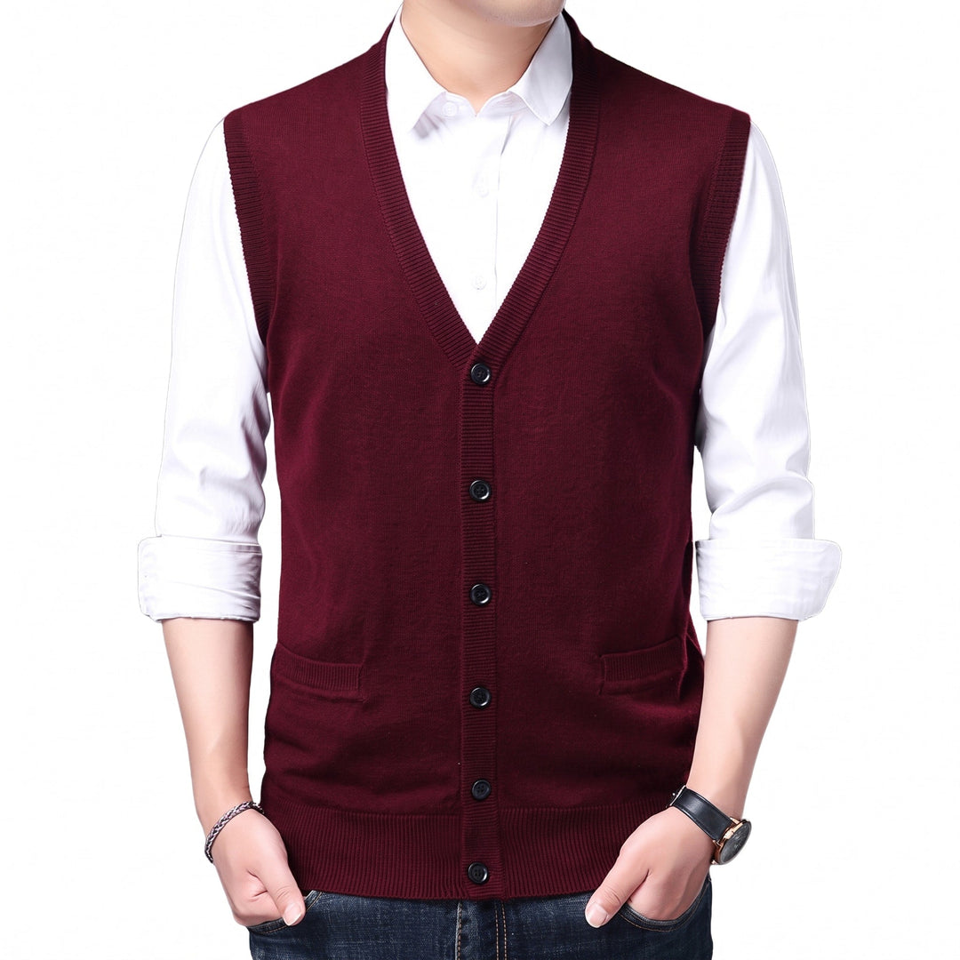 Knitted Waistcoat Mens V Neck Button Front Sleeveless Pockets Ribbed Trim Regular Fit - image 2