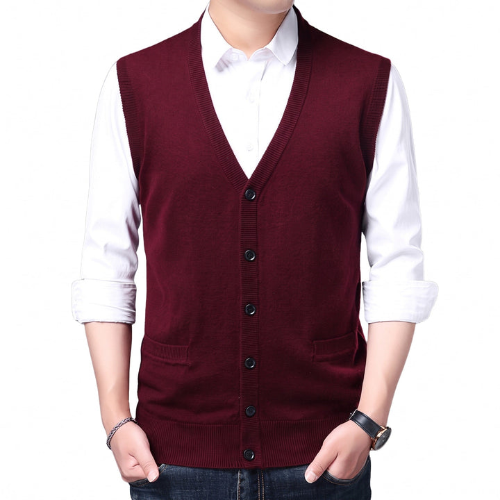Knitted Waistcoat Mens V Neck Button Front Sleeveless Pockets Ribbed Trim Regular Fit - image 2