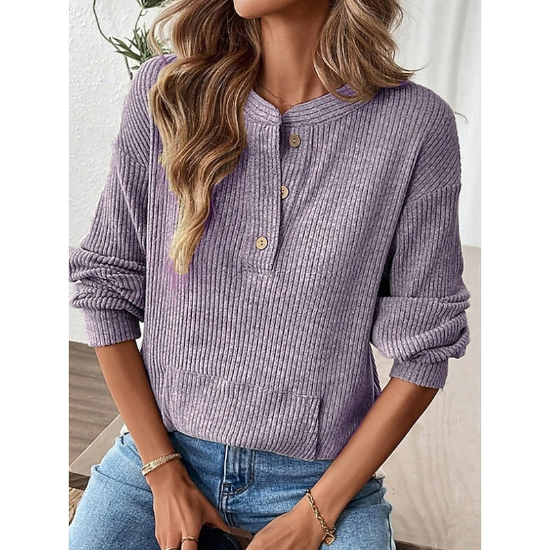 Ribbed Top Womens Henley Button Placket Pouch Pocket Long Sleeve Relaxed Fit - image 2
