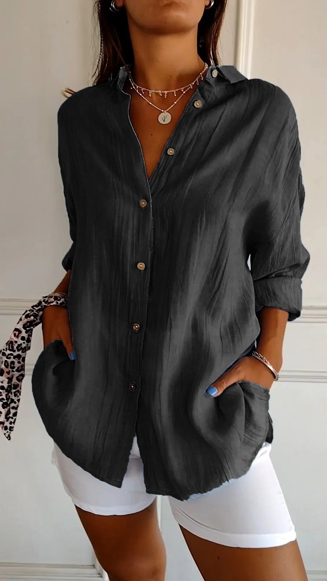 Oversized Shirt Womens Linen-Look Crinkle Textured Button Down Long Sleeve Relaxed Fit - image 12