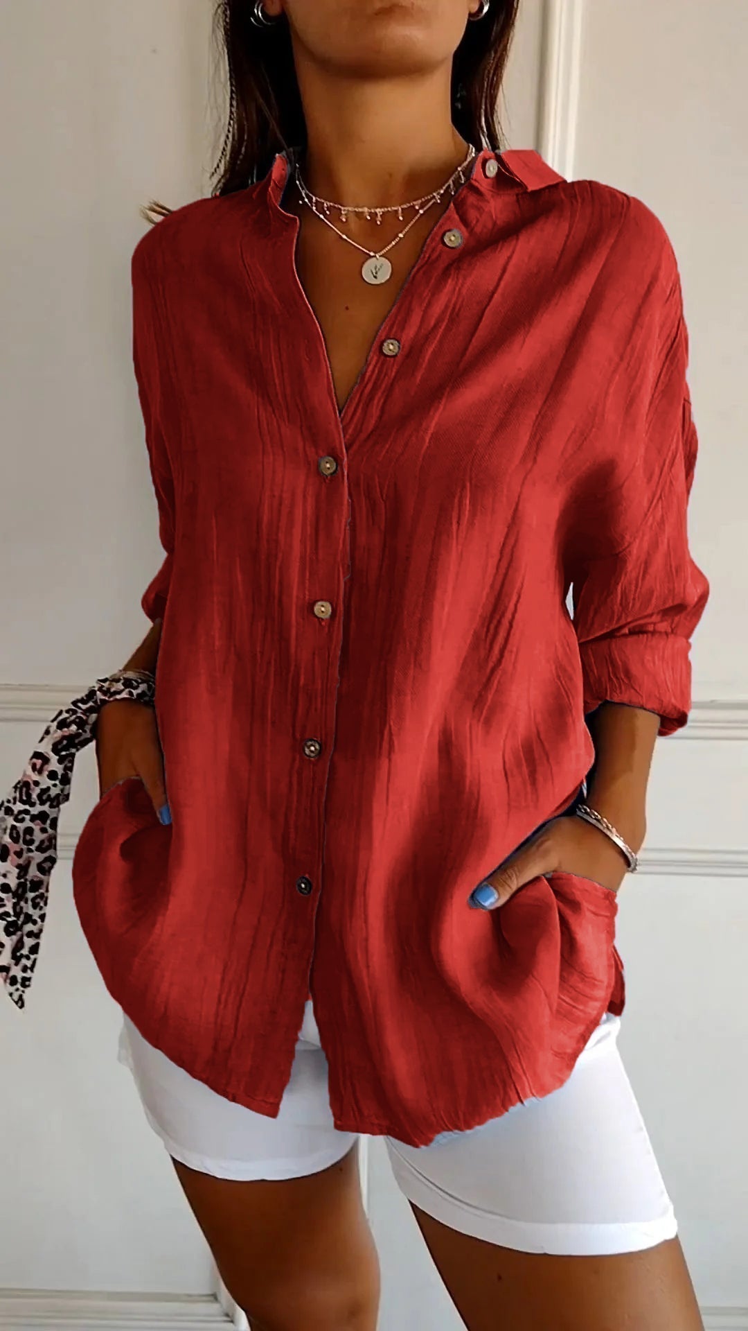 Oversized Shirt Womens Linen-Look Crinkle Textured Button Down Long Sleeve Relaxed Fit - image 8