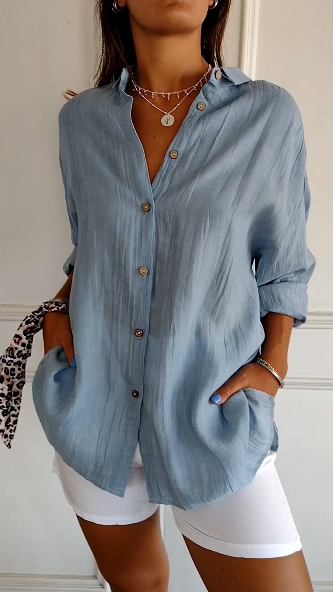 Oversized Shirt Womens Linen-Look Crinkle Textured Button Down Long Sleeve Relaxed Fit - image 1