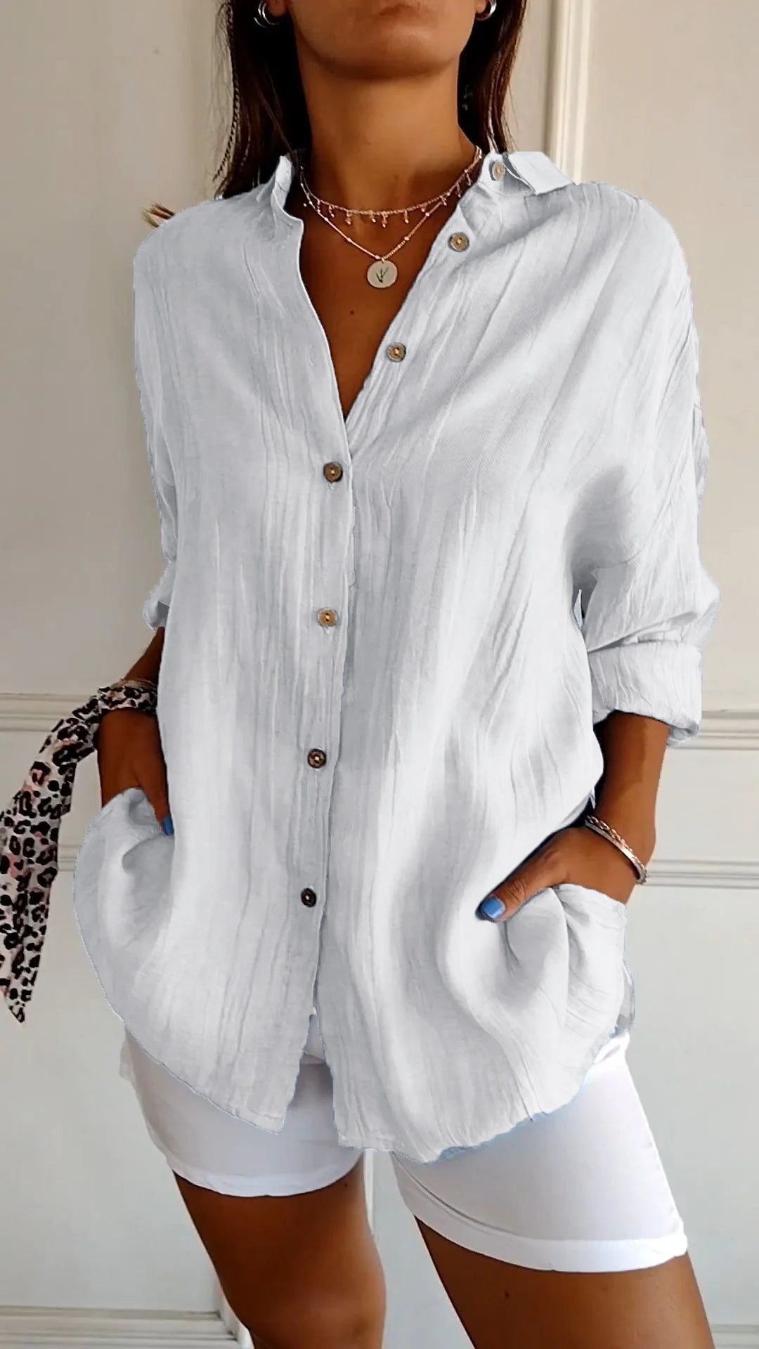 Oversized Shirt Womens Linen-Look Crinkle Textured Button Down Long Sleeve Relaxed Fit - image 13