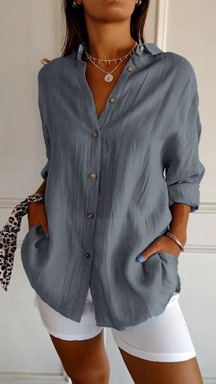 Oversized Shirt Womens Linen-Look Crinkle Textured Button Down Long Sleeve Relaxed Fit - image 11