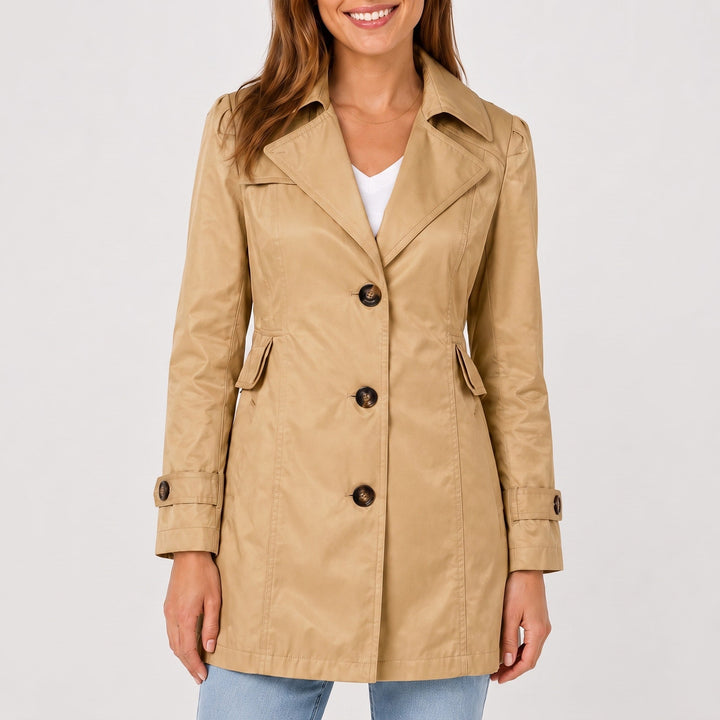 Trench Coat Womens Short Notch Lapel Button Front Fitted Waist - image 3