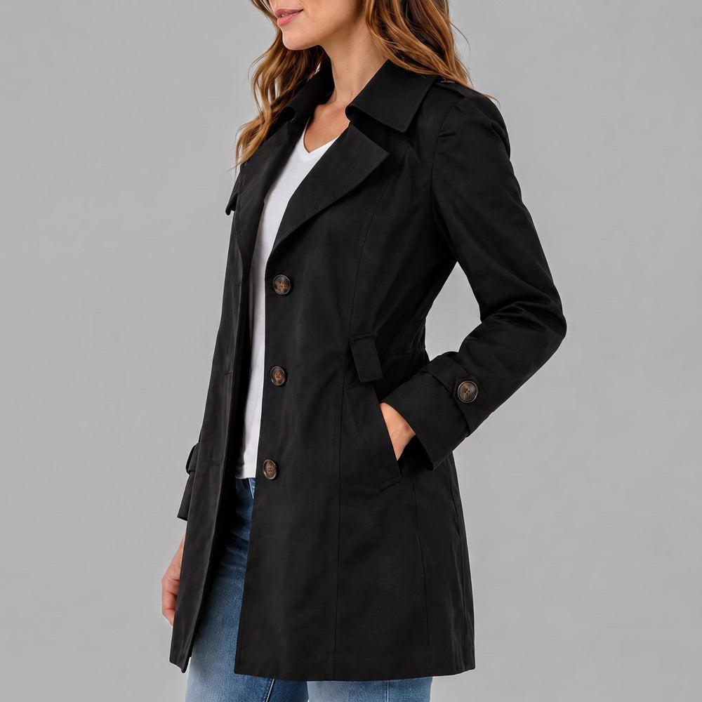 Trench Coat Womens Short Notch Lapel Fitted Waist Button Front Side Pockets Plus Size - image 2