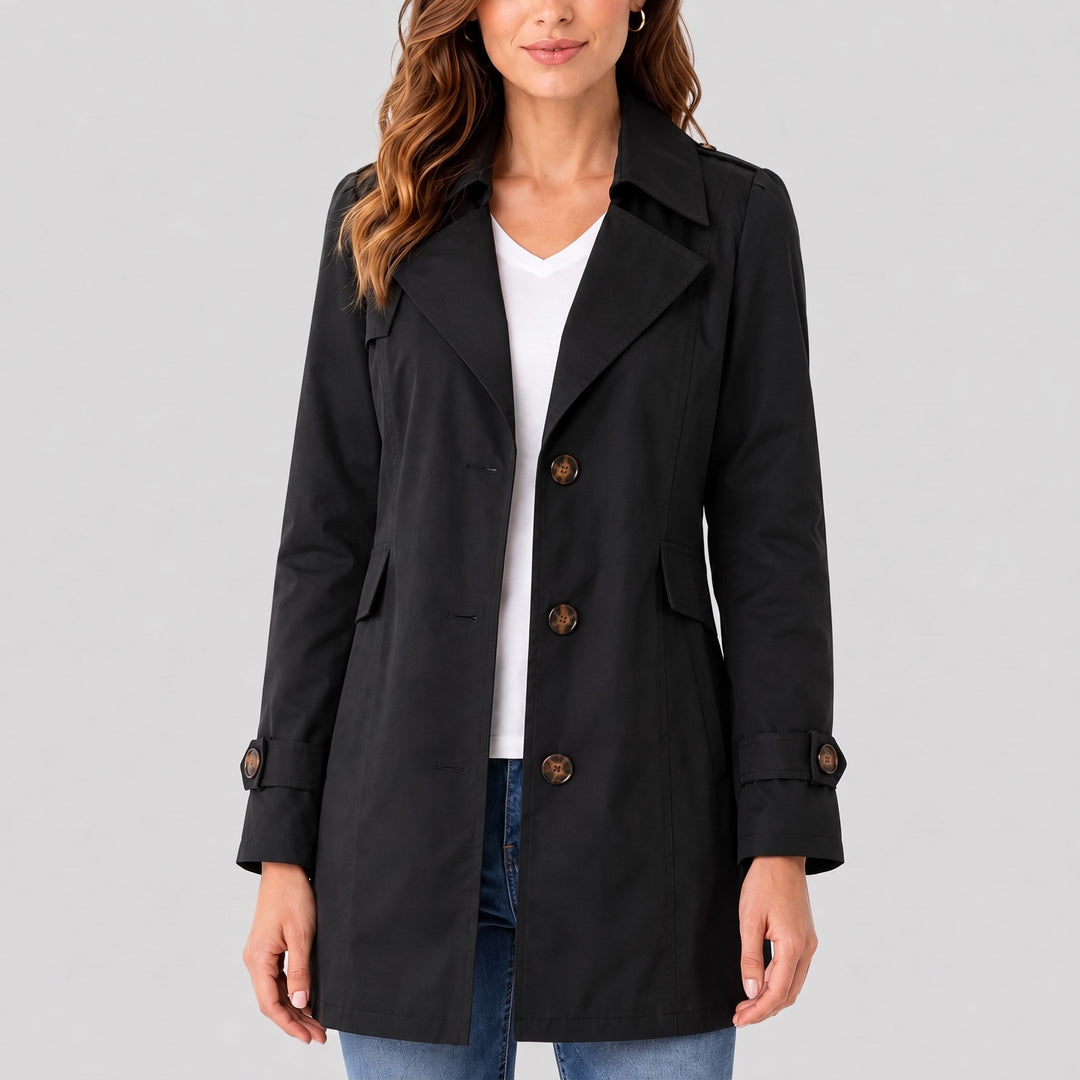 Trench Coat Womens Short Notch Lapel Fitted Waist Button Front Side Pockets Plus Size - image 1