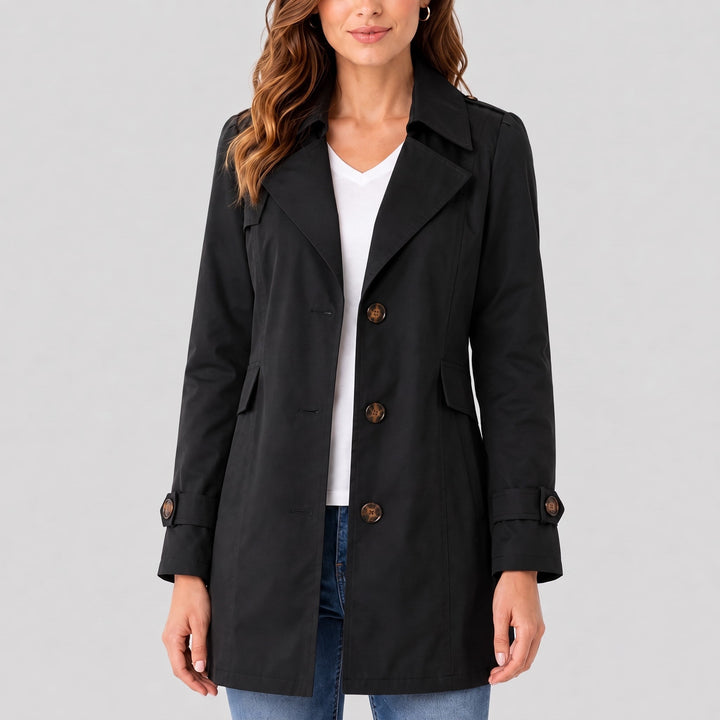 Trench Coat Womens Short Notch Lapel Button Front Fitted Waist - image 1