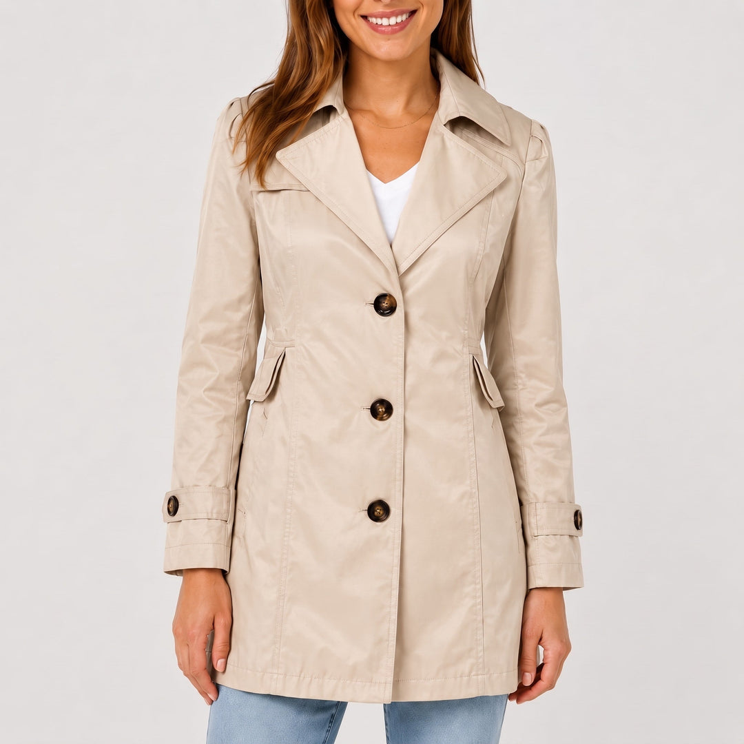 Trench Coat Womens Short Notch Lapel Fitted Waist Button Front Side Pockets Plus Size - image 4