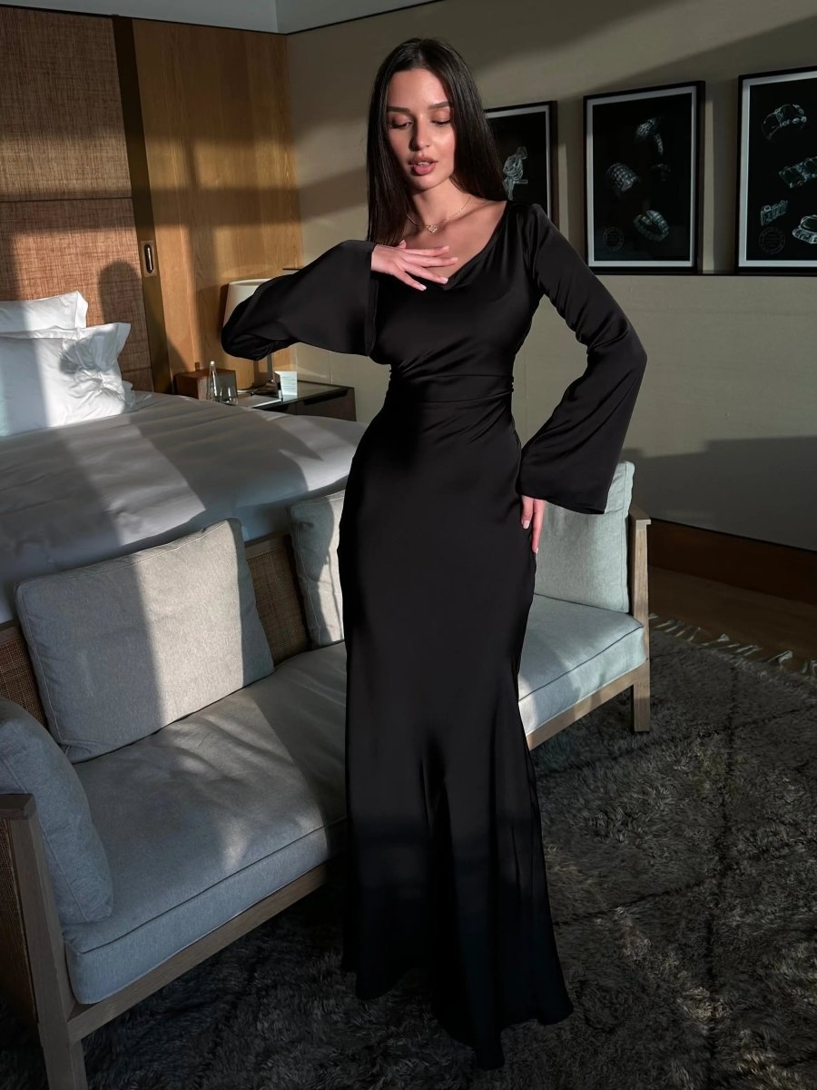 Maxi Dress Womens Long Sleeve Fitted Bodice Draped Flowing Skirt