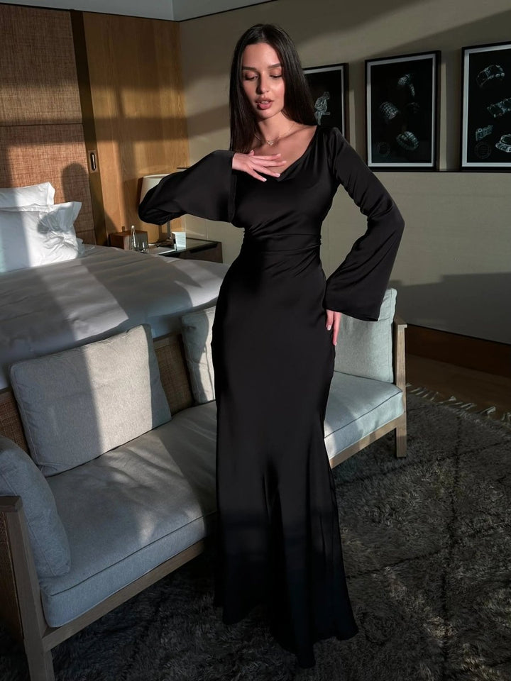 Maxi Dress Womens Long Sleeve Fitted Bodice Draped Flowing Skirt