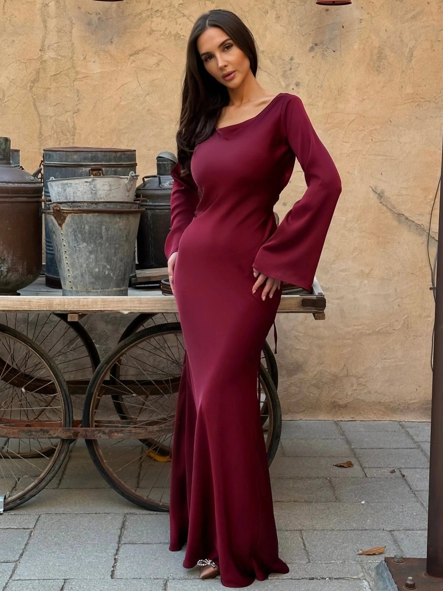 Maxi Dress Womens Long Sleeve Fitted Bodice Draped Flowing Skirt