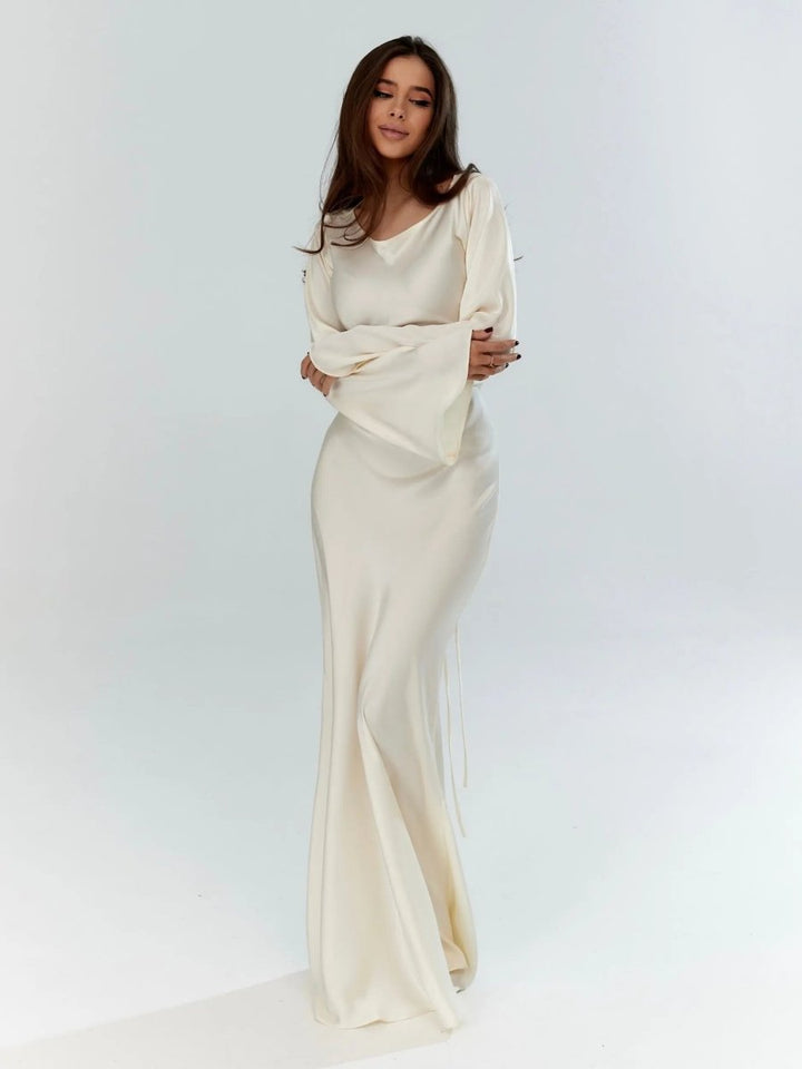 Maxi Dress Womens Long Sleeve Fitted Bodice Draped Flowing Skirt