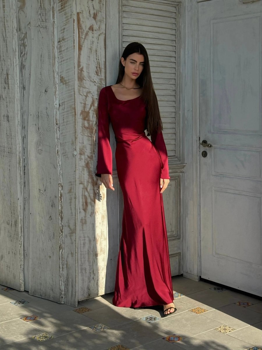 Maxi Dress Womens Long Sleeve Fitted Bodice Draped Flowing Skirt