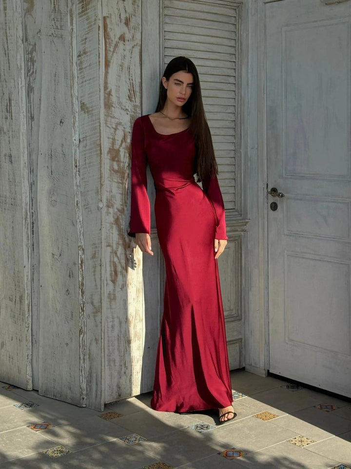 Maxi Dress Womens Long Sleeve Fitted Bodice Draped Flowing Skirt