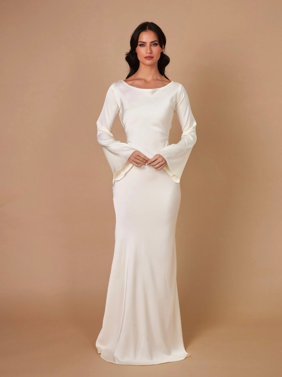 Maxi Dress Womens Long Sleeve Fitted Bodice Draped Flowing Skirt