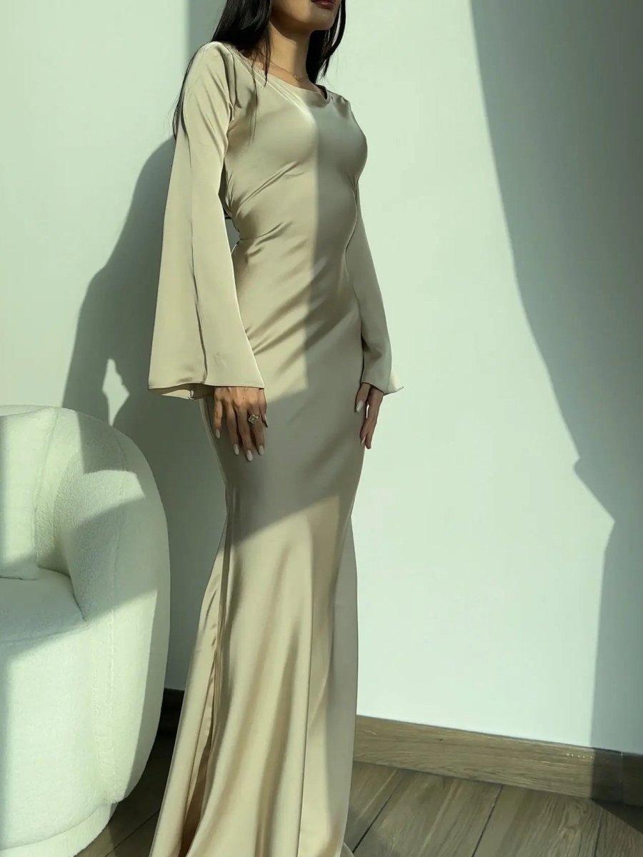 Maxi Dress Womens Long Sleeve Fitted Bodice Draped Flowing Skirt