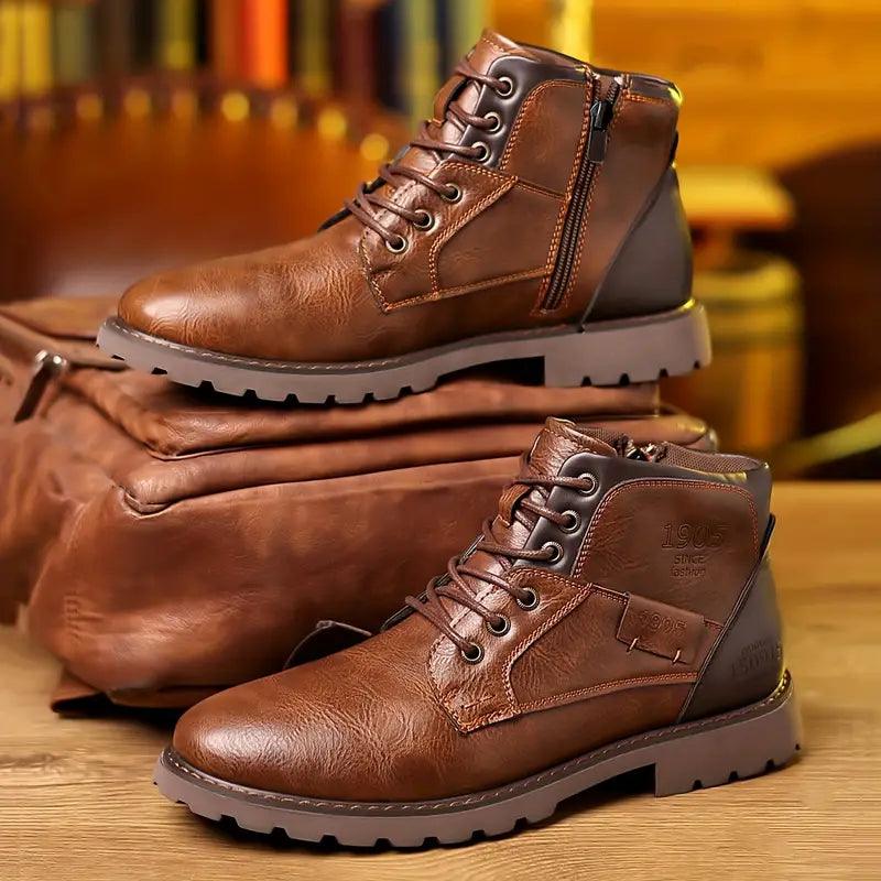 Ankle Boots Mens Lace Up Side Zip Leather Look Two Tone Lug Sole - image 4