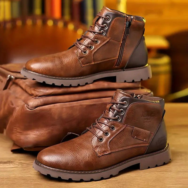 Ankle Boots Mens Lace Up Side Zip Leather Look Two Tone Lug Sole - image 4